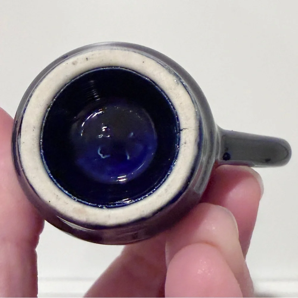 Vintage cobalt blue Karlsbader Becherovka ceramic shot glass with handle